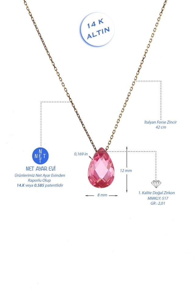 Prenses Pırlanta-Damla Taşlı Pembe Renkli Altın Kolye Modeli 14 Ayar Altın
