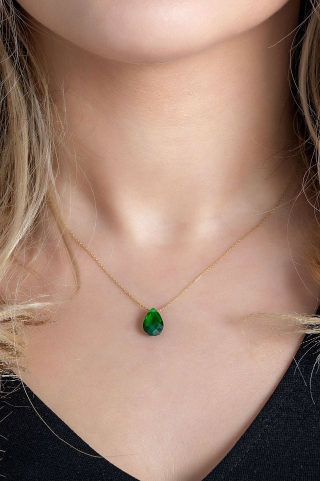 Prenses Pırlanta-Yeşil Taşlı Damla Altın Kolye Modeli 14 Ayar Altın