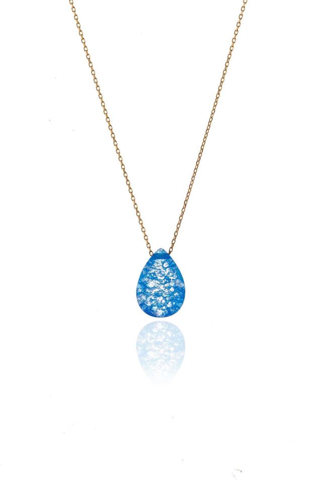 Prenses Pırlanta-Turkuaz Mavi Taşlı Altın Kolye Modeli 14 Ayar Altın