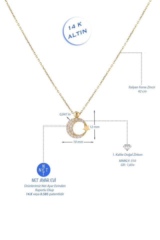 Prenses Pırlanta-Ay Yıldız Taşlı Altın Kolye Modeli 14 Ayar Altın