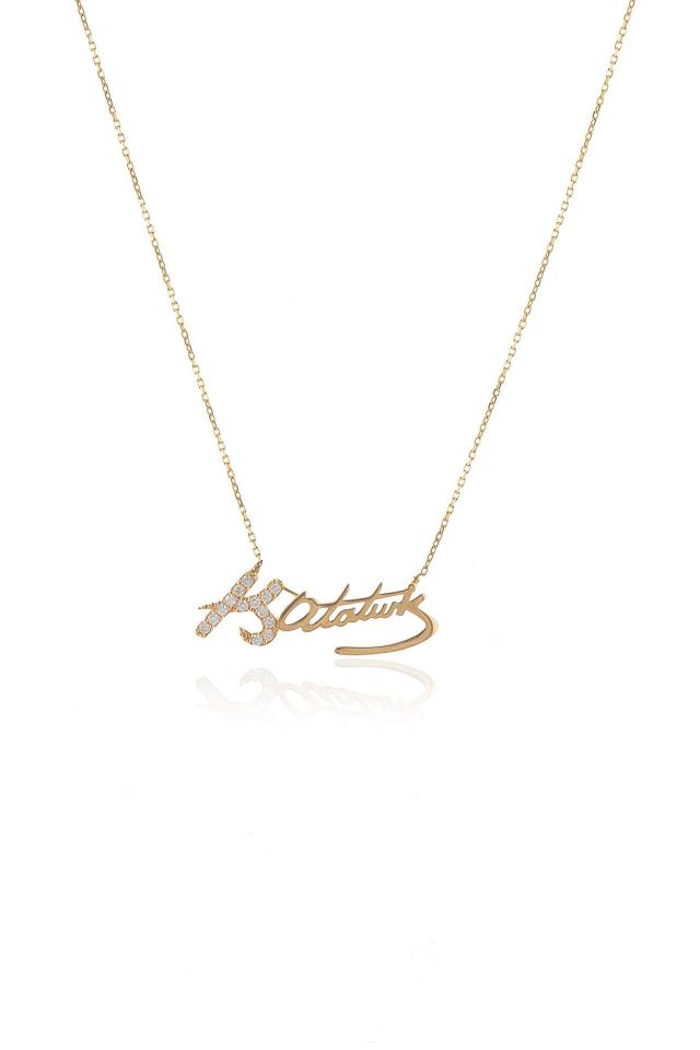 Prenses Pırlanta-Ay Yıldız Kemal Atatürk İmzalı Altın Kolye Modeli 14 Ayar Altın