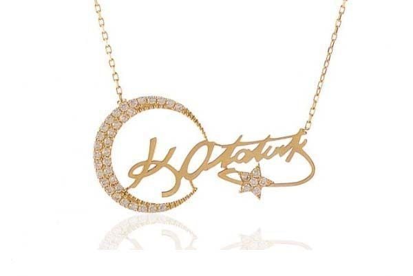 Prenses Pırlanta-Ay Yıldız Kemal Atatürk İmzalı Altın Kolye Modeli 14 Ayar Altın