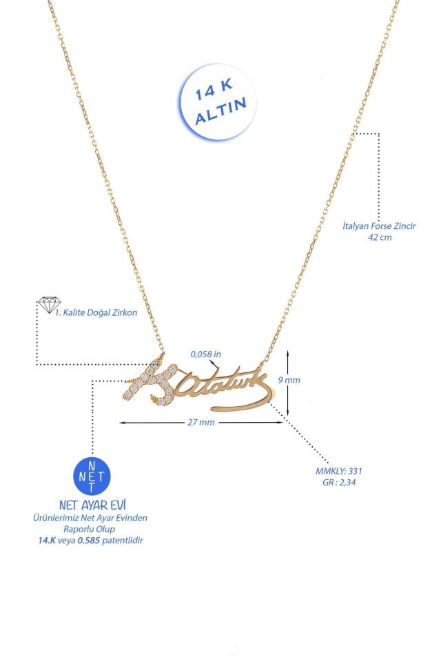 Prenses Pırlanta-Kemal Atatürk İmzalı Altın Kolye Modeli 14 Ayar Altın