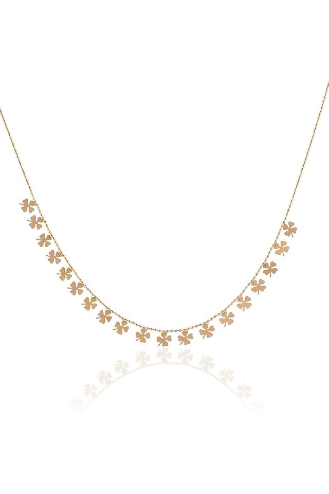 Prenses Pırlanta-Sıralı Yonca Yapraklı Altın Kolye Modeli 14 Ayar Altın