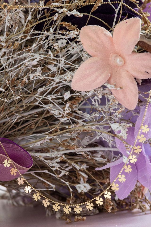 Prenses Pırlanta-Sıralı Yonca Yapraklı Altın Kolye Modeli 14 Ayar Altın