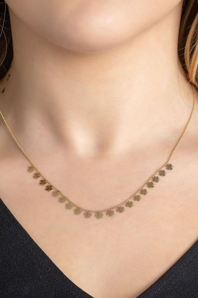 Prenses Pırlanta-Sıralı Yonca Yapraklı Altın Kolye Modeli 14 Ayar Altın