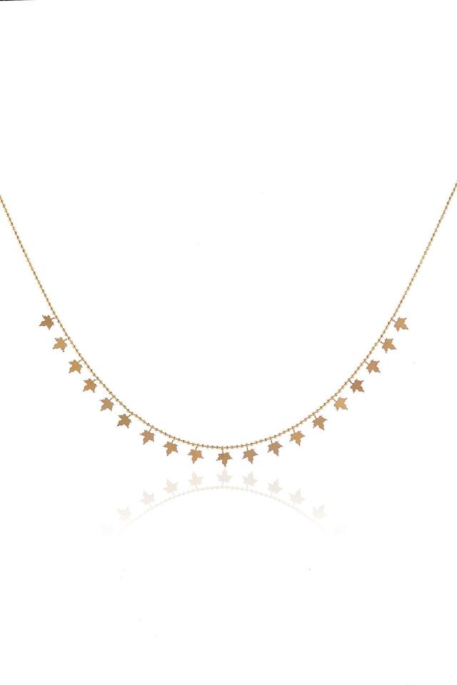 Prenses Pırlanta-Sıralı Çınar Yaprağı Altın Kolye Modeli 14 Ayar Altın