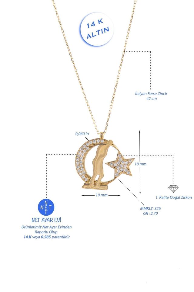 Prenses Pırlanta-Ay Yıldız Kemal Atatürk Altın Kolye Modeli 14 Ayar Altın