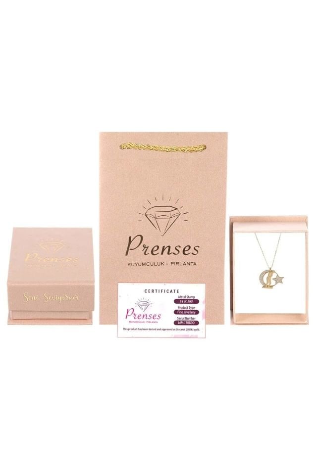 Prenses Pırlanta-Ay Yıldız Kemal Atatürk Altın Kolye Modeli 14 Ayar Altın