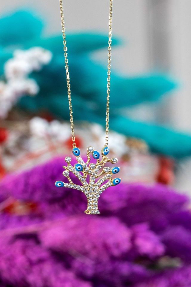 Prenses Pırlanta-Göz Boncuklu Hayat Ağacı Altın Kolye Modeli 14 Ayar Altın