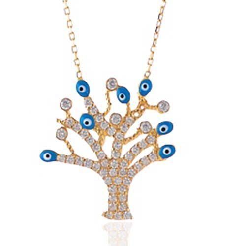 Prenses Pırlanta-Göz Boncuklu Hayat Ağacı Altın Kolye Modeli 14 Ayar Altın