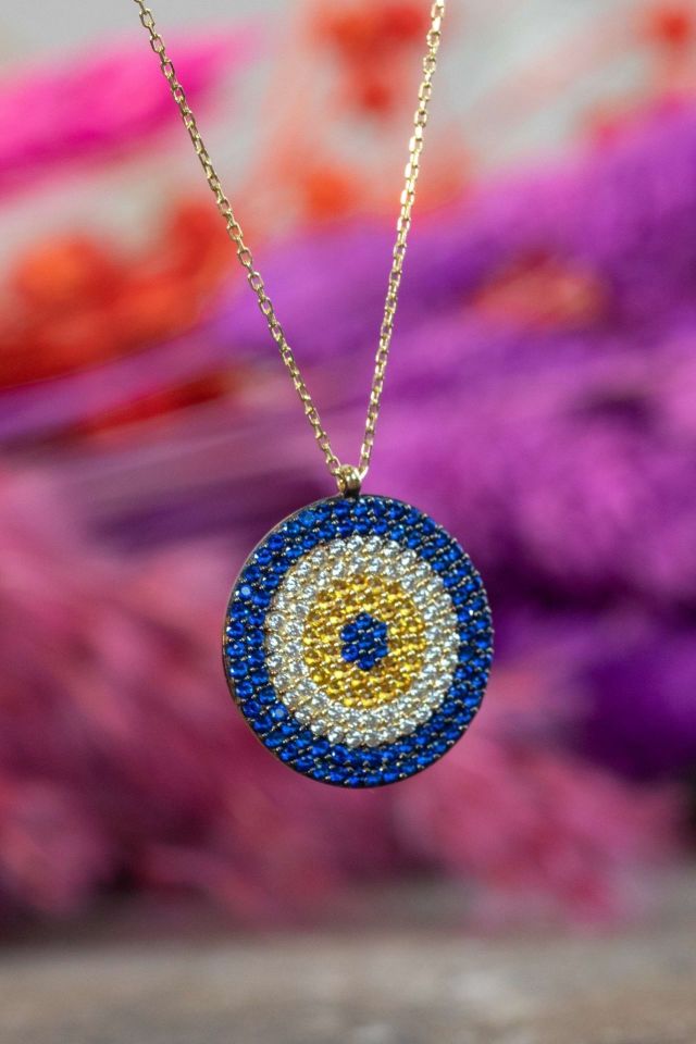 Prenses Pırlanta-Göz Boncuklu Renkli Altın Kolye Modeli 14 Ayar Altın