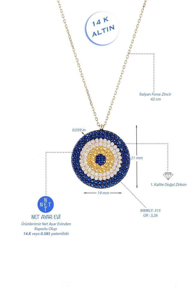 Prenses Pırlanta-Göz Boncuklu Renkli Altın Kolye Modeli 14 Ayar Altın