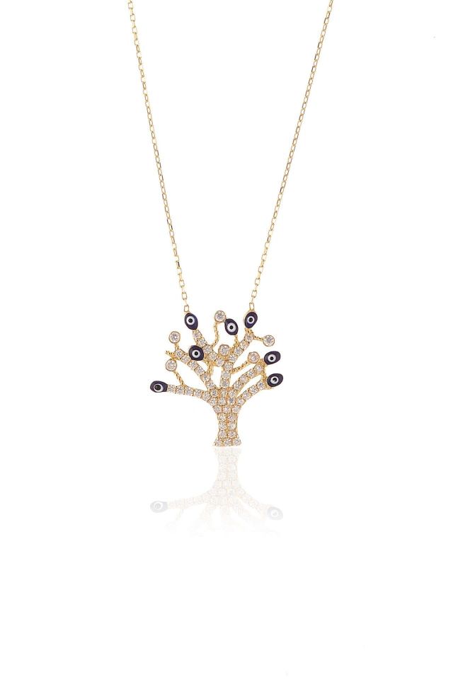 Prenses Pırlanta-Göz Boncuklu Hayat Ağacı Altın Kolye Modeli 14 Ayar Altın
