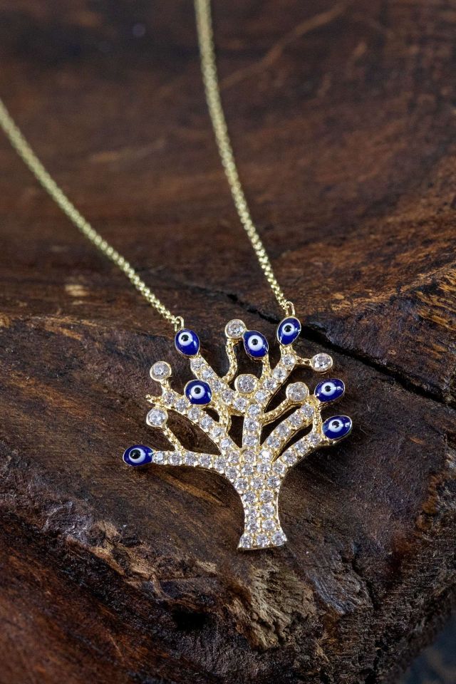 Prenses Pırlanta-Göz Boncuklu Hayat Ağacı Altın Kolye Modeli 14 Ayar Altın