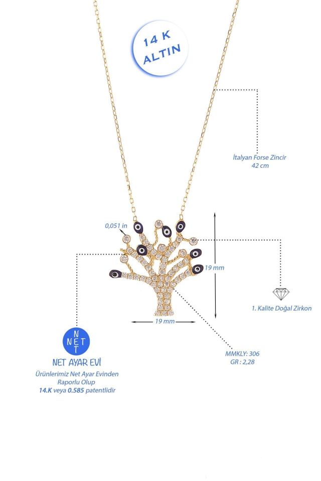 Prenses Pırlanta-Göz Boncuklu Hayat Ağacı Altın Kolye Modeli 14 Ayar Altın