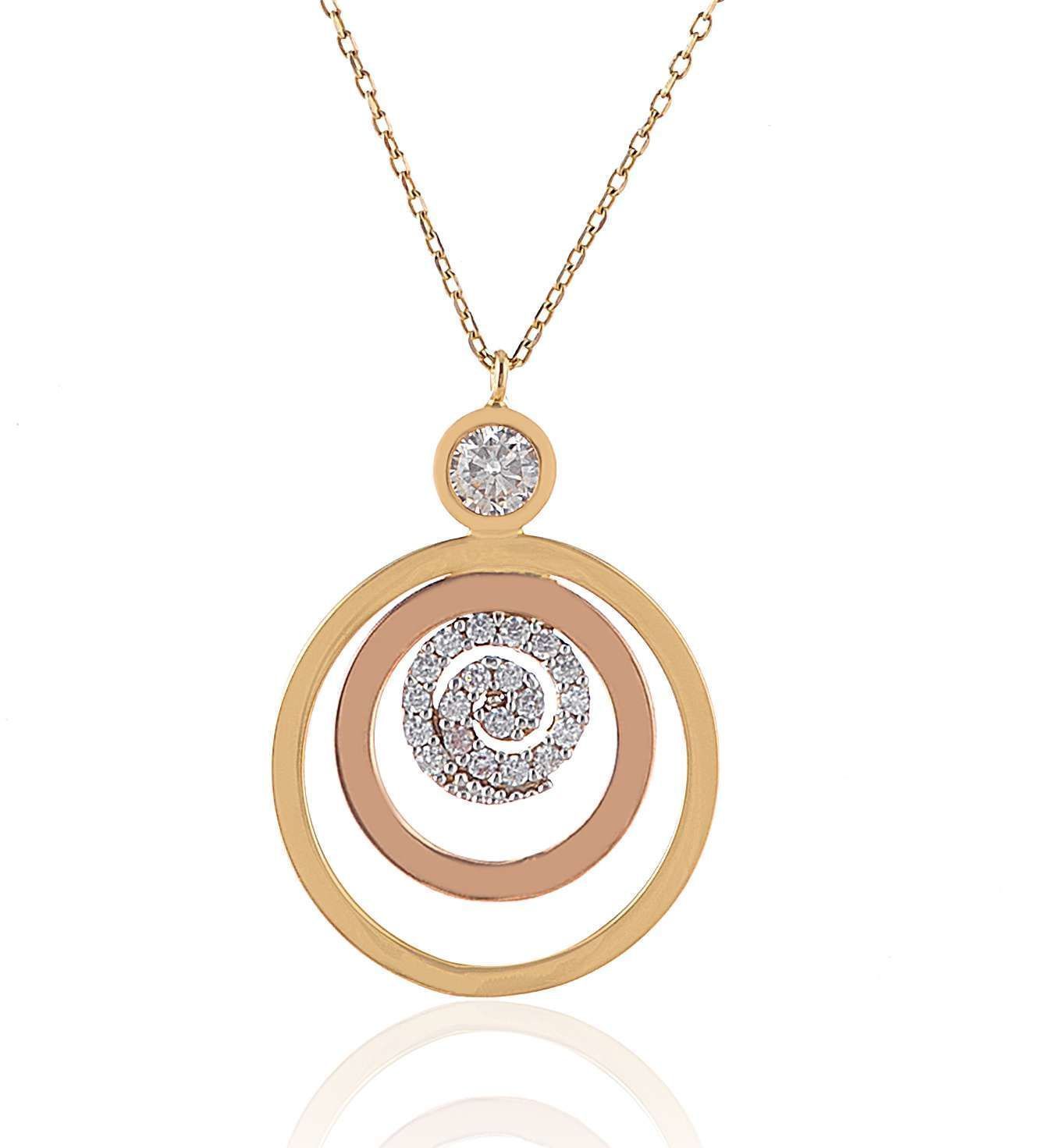 Prenses Pırlanta-Yeşil Beyaz Rose Üç Renk Lava Altın Kolye Modeli 14 Ayar Altın