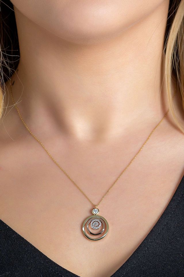 Prenses Pırlanta-Yeşil Beyaz Rose Üç Renk Lava Altın Kolye Modeli 14 Ayar Altın