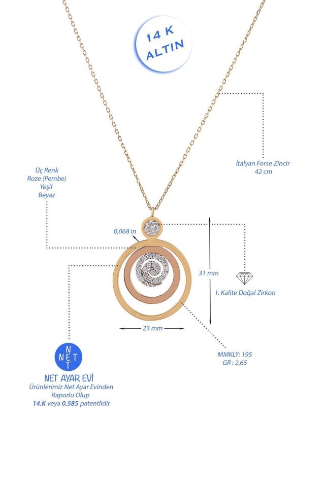 Prenses Pırlanta-Yeşil Beyaz Rose Üç Renk Lava Altın Kolye Modeli 14 Ayar Altın