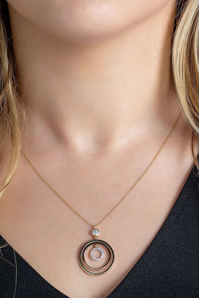 Prenses Pırlanta-Yeşil Beyaz Rose Üç Renk Altın Kolye Modeli 14 Ayar Altın