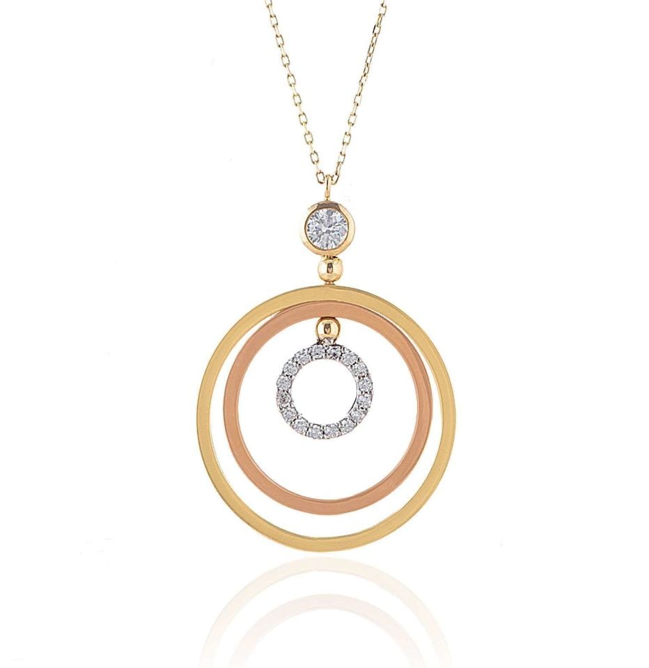 Prenses Pırlanta-Yeşil Beyaz Rose Üç Renk Altın Kolye Modeli 14 Ayar Altın