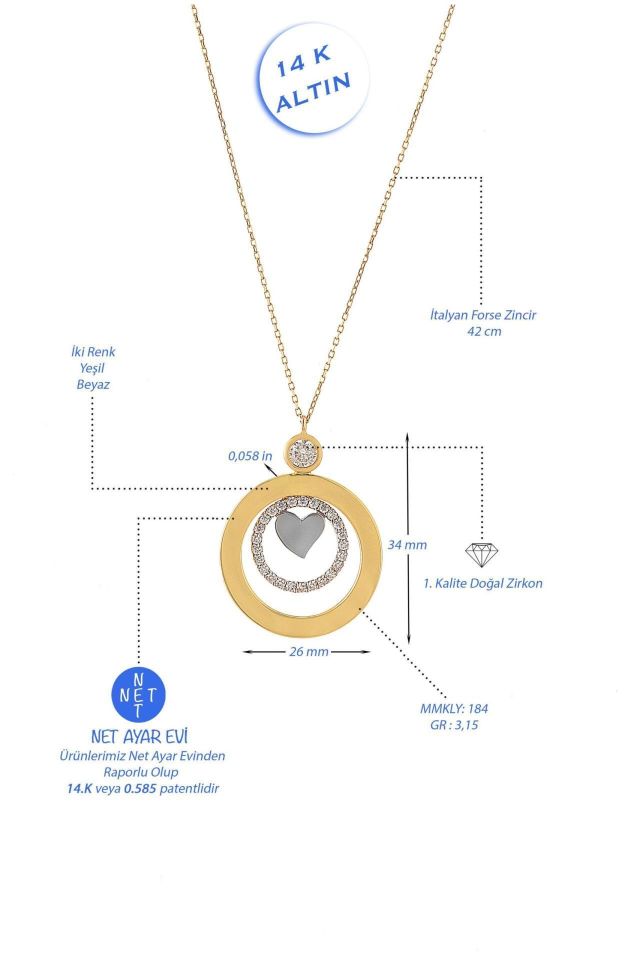 Prenses Pırlanta-Yeşil Beyaz Rose Üç Renk Altın Kolye Modeli 14 Ayar Altın