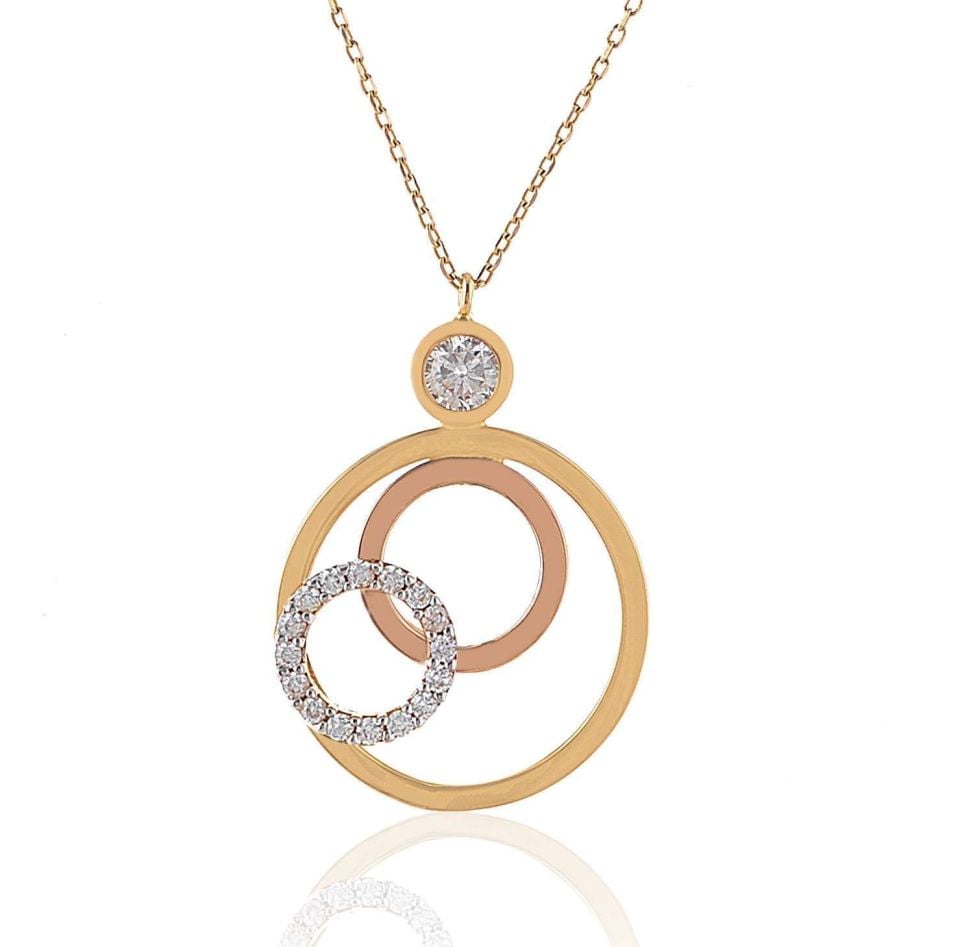 Prenses Pırlanta-Yeşil Beyaz Rose Üç Renk Altın Kolye Modeli 14 Ayar Altın