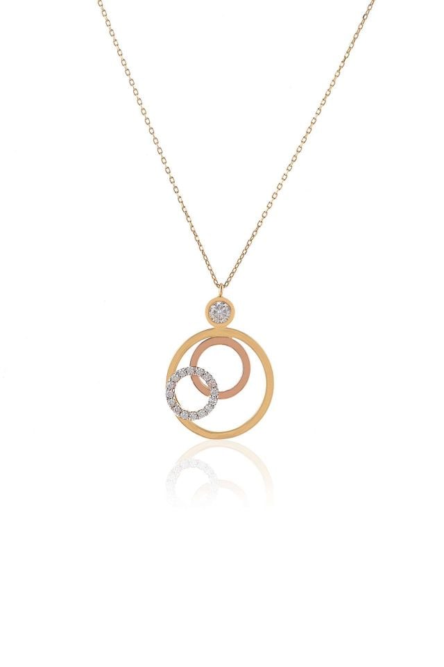 Prenses Pırlanta-Yeşil Beyaz Rose Üç Renk Altın Kolye Modeli 14 Ayar Altın