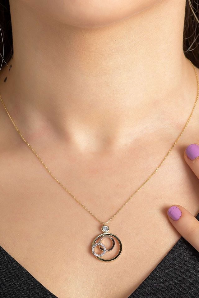 Prenses Pırlanta-Yeşil Beyaz Rose Üç Renk Altın Kolye Modeli 14 Ayar Altın