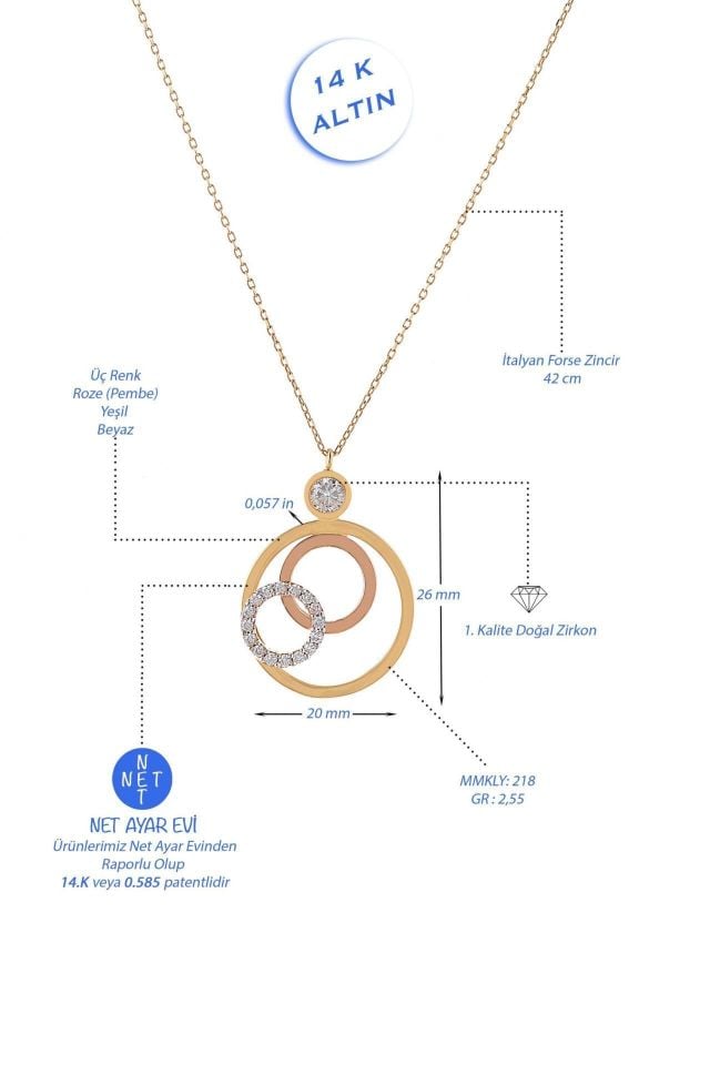 Prenses Pırlanta-Yeşil Beyaz Rose Üç Renk Altın Kolye Modeli 14 Ayar Altın