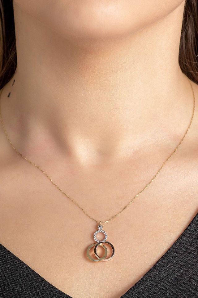 Prenses Pırlanta-Yeşil Beyaz Rose Üç Renk Altın Kolye Modeli 14 Ayar Altın