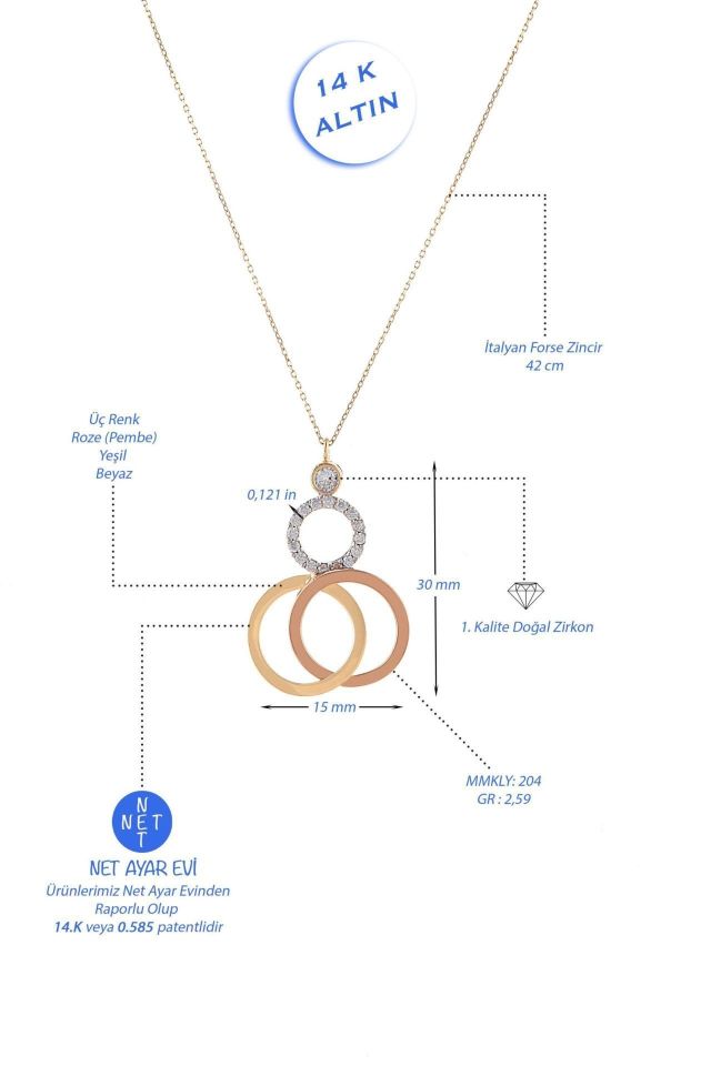 Prenses Pırlanta-Yeşil Beyaz Rose Üç Renk Altın Kolye Modeli 14 Ayar Altın