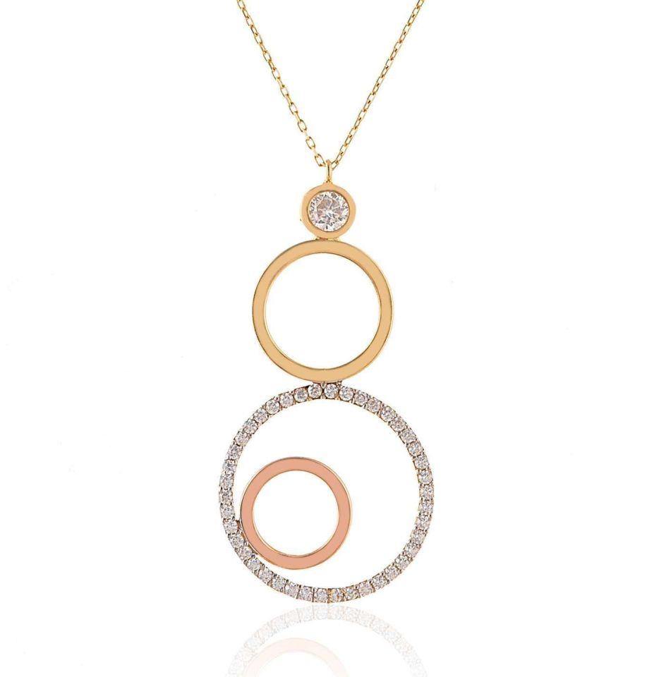 Prenses Pırlanta-Yeşil Beyaz Rose Üç Renk Altın Kolye Modeli 14 Ayar Altın