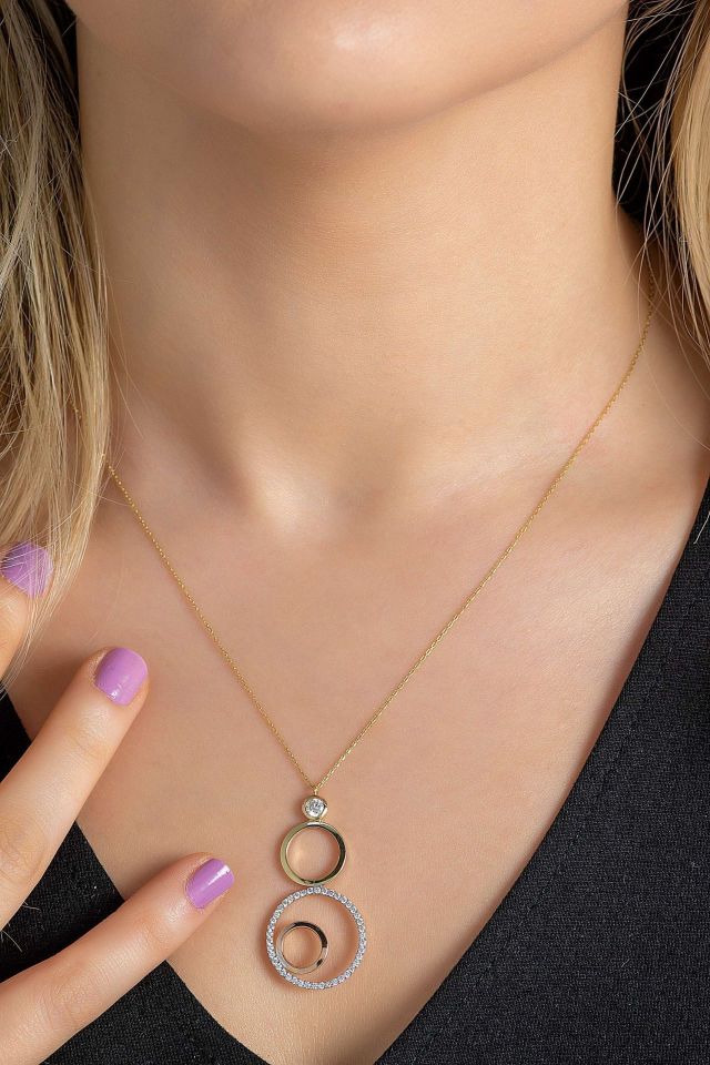 Prenses Pırlanta-Yeşil Beyaz Rose Üç Renk Altın Kolye Modeli 14 Ayar Altın