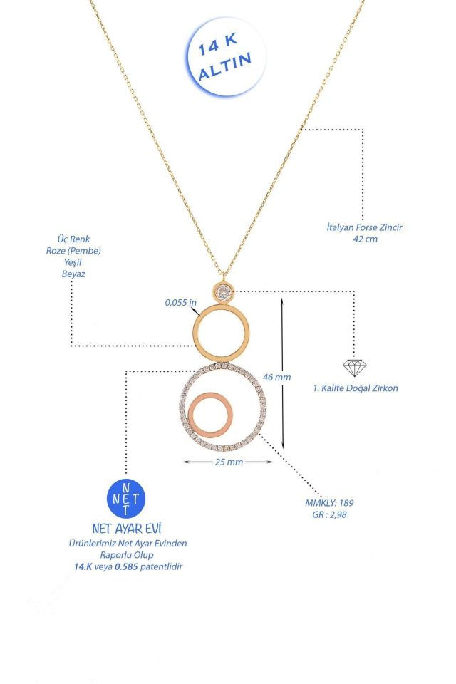 Prenses Pırlanta-Yeşil Beyaz Rose Üç Renk Altın Kolye Modeli 14 Ayar Altın