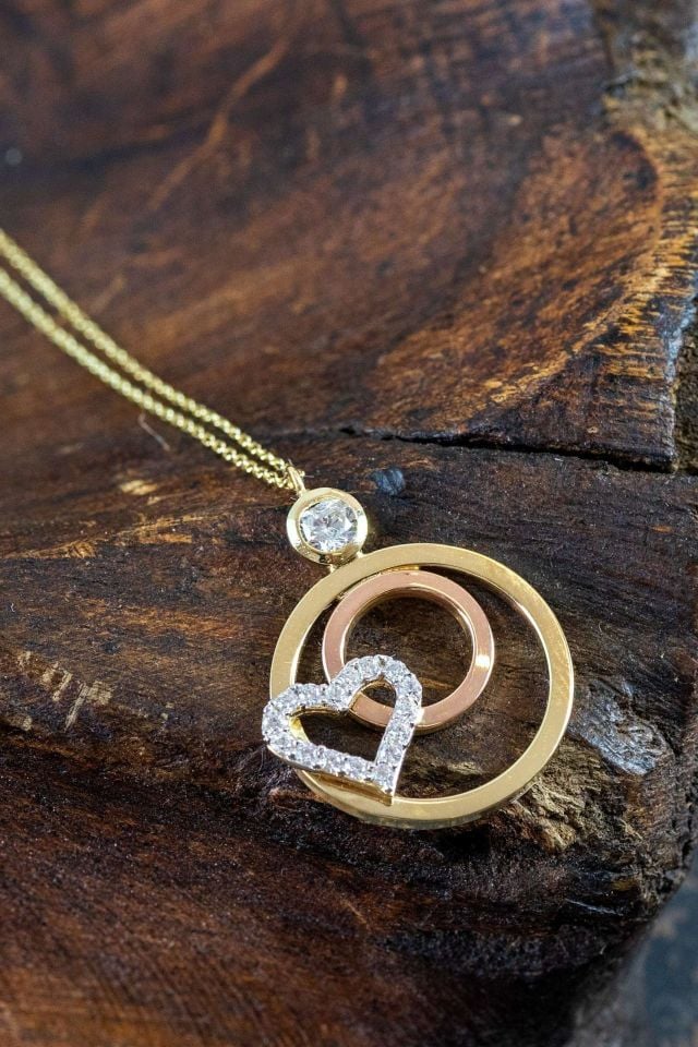 Prenses Pırlanta-Yeşil Beyaz Rose Üç Renk Altın Kolye Modeli 14 Ayar Altın