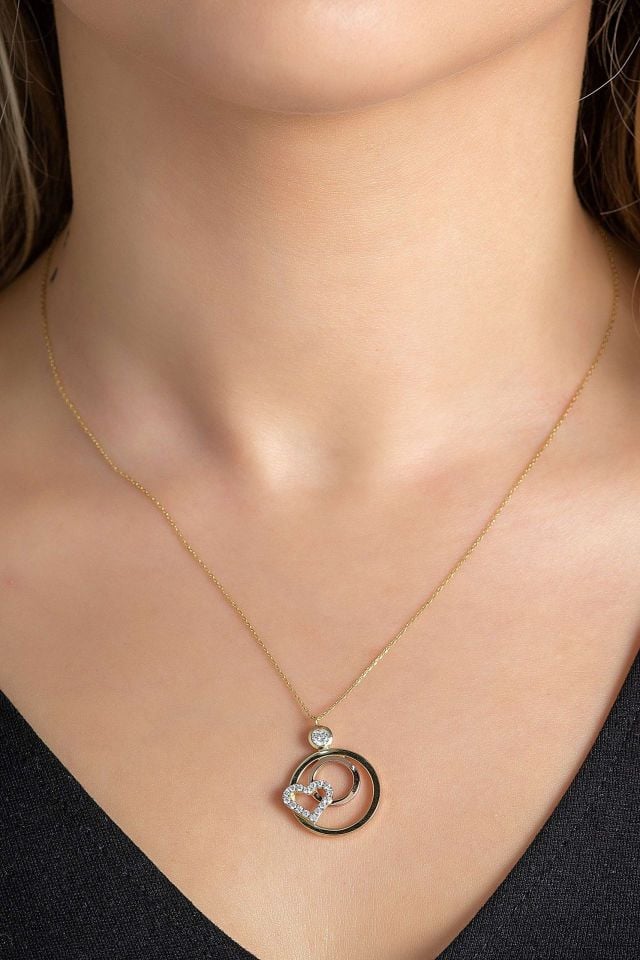 Prenses Pırlanta-Yeşil Beyaz Rose Üç Renk Altın Kolye Modeli 14 Ayar Altın