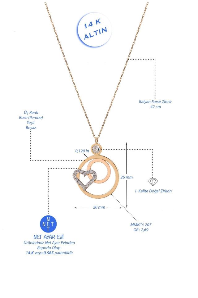 Prenses Pırlanta-Yeşil Beyaz Rose Üç Renk Altın Kolye Modeli 14 Ayar Altın