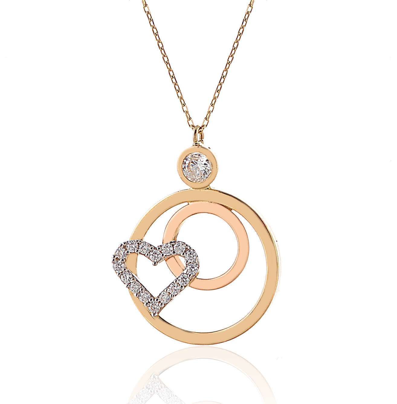 Prenses Pırlanta-Yeşil Beyaz Rose Üç Renk Altın Kolye Modeli 14 Ayar Altın