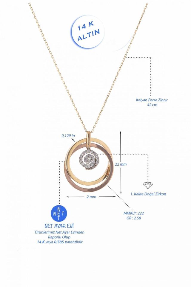 Prenses Pırlanta-Yeşil Beyaz Rose Üç Renk Altın Kolye Modeli 14 Ayar Altın