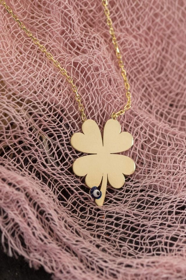 Prenses Pırlanta-Göz Boncuklu Yonca Altın Kolye Modeli 14 Ayar Altın