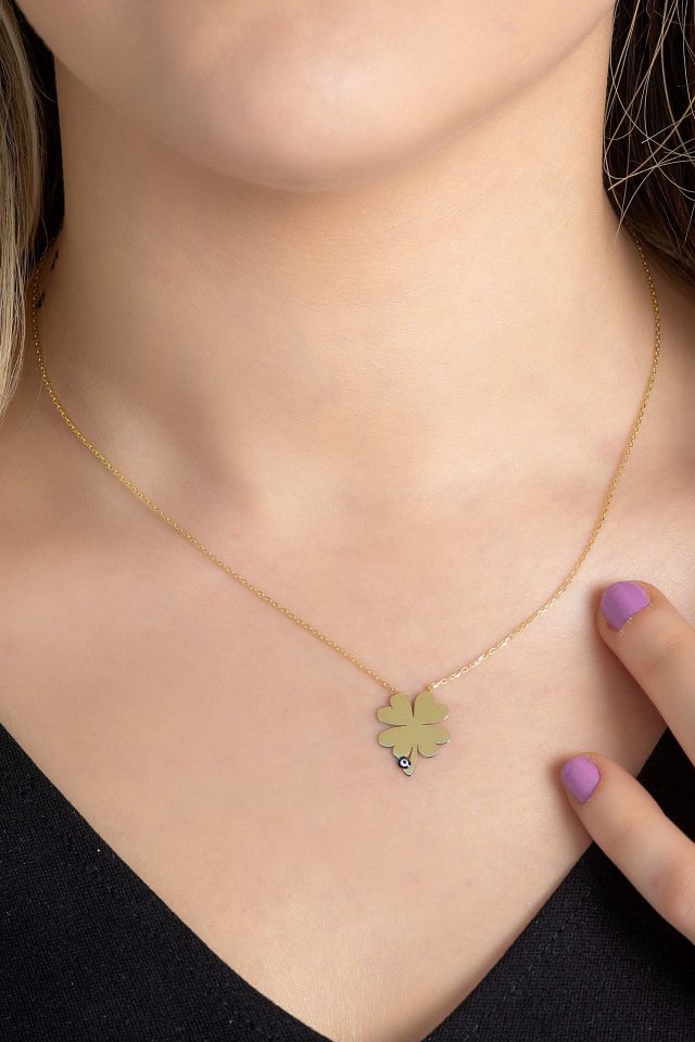 Prenses Pırlanta-Göz Boncuklu Yonca Altın Kolye Modeli 14 Ayar Altın