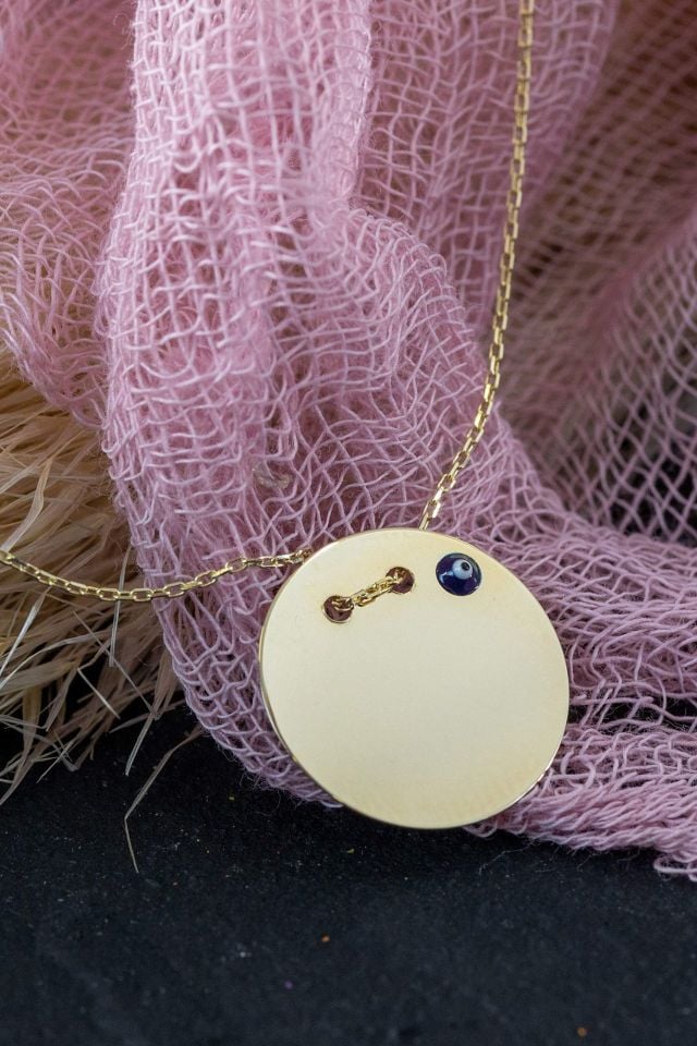 Prenses Pırlanta-Göz Boncuklu Plakalı Altın Kolye Modeli 14 Ayar Altın